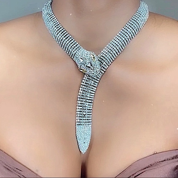 Silver Crystal Snake Serpent Rhinestone Choker Necklace - Picture 1 of 15